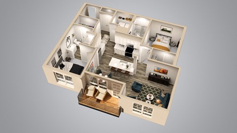 A 3D rendered image of a house layout.